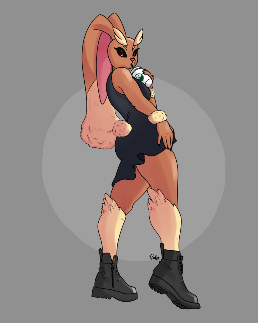 2022 absurd_res anthro black_dress_shirt black_nails boots breasts brown_body brown_fur butt clothed clothing colored colored_nails digital_drawing_(artwork) digital_media_(artwork) drinking female footwear fur generation_4_pokemon hi_res lagomorph leporid looking_at_viewer lopunny mammal nails nintendo pink_eyes pink_nose pokemon pokemon_(species) rabbit rodd.y simple_background solo tan_body tan_fur thick_thighs video_games