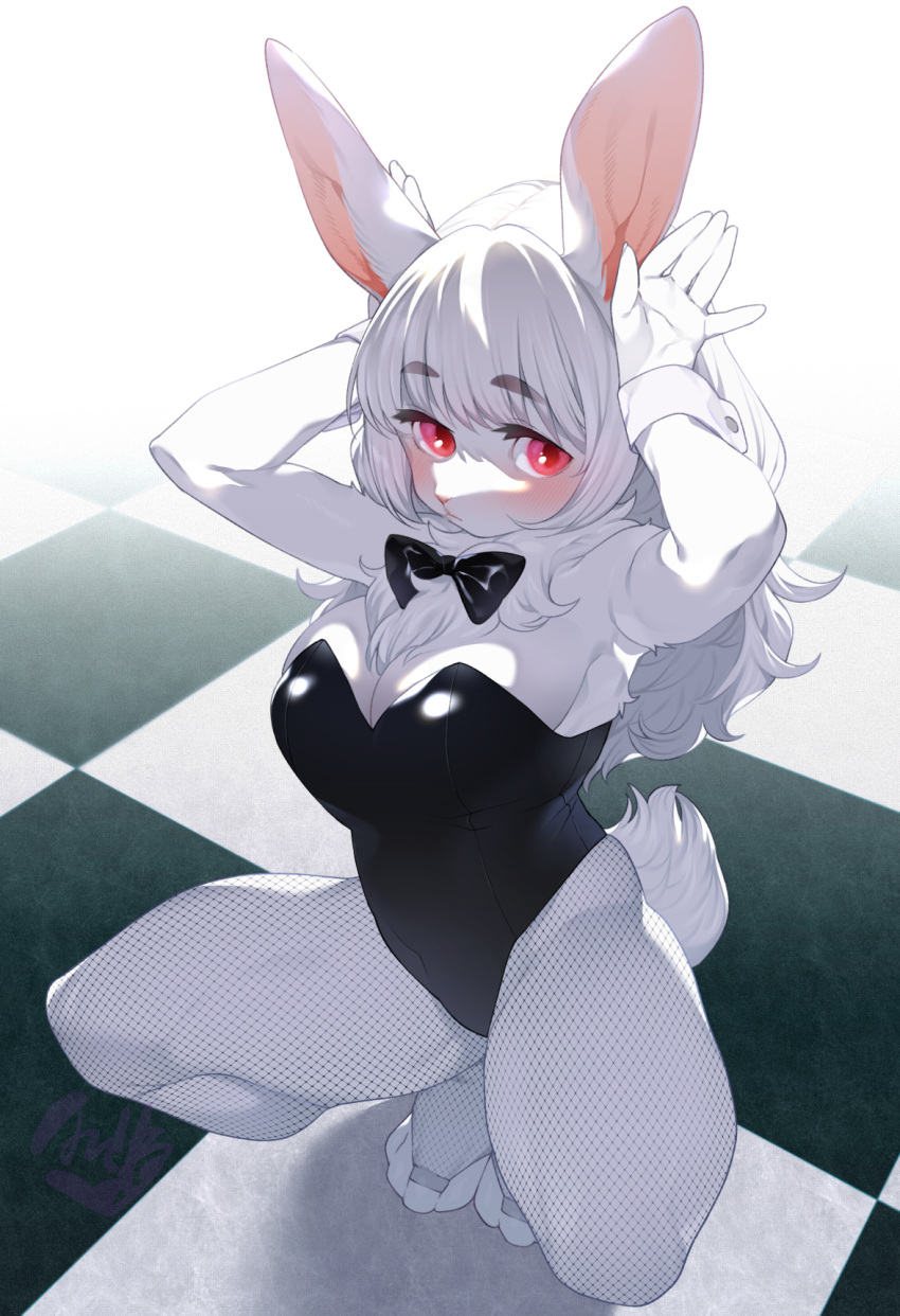 1girl :&lt; animal_ears animal_feet animal_nose armpits arms_up backlighting bangs bare_shoulders black_bow black_bowtie black_leotard black_pantyhose blush body_fur bow bowtie breasts bridal_legwear bunny_pose cleavage closed_mouth commentary_request commission covered_navel fishnet_pantyhose fishnets full_body fur_collar furry furry_female highres legs leotard long_hair looking_at_viewer medium_breasts mizone original pantyhose partial_commentary rabbit_ears rabbit_girl rabbit_tail red_eyes sidelocks skeb_commission skindentation solo spread_legs squatting strapless strapless_leotard tail thighs tile_floor tiles toeless_legwear white_fur white_hair wrist_cuffs