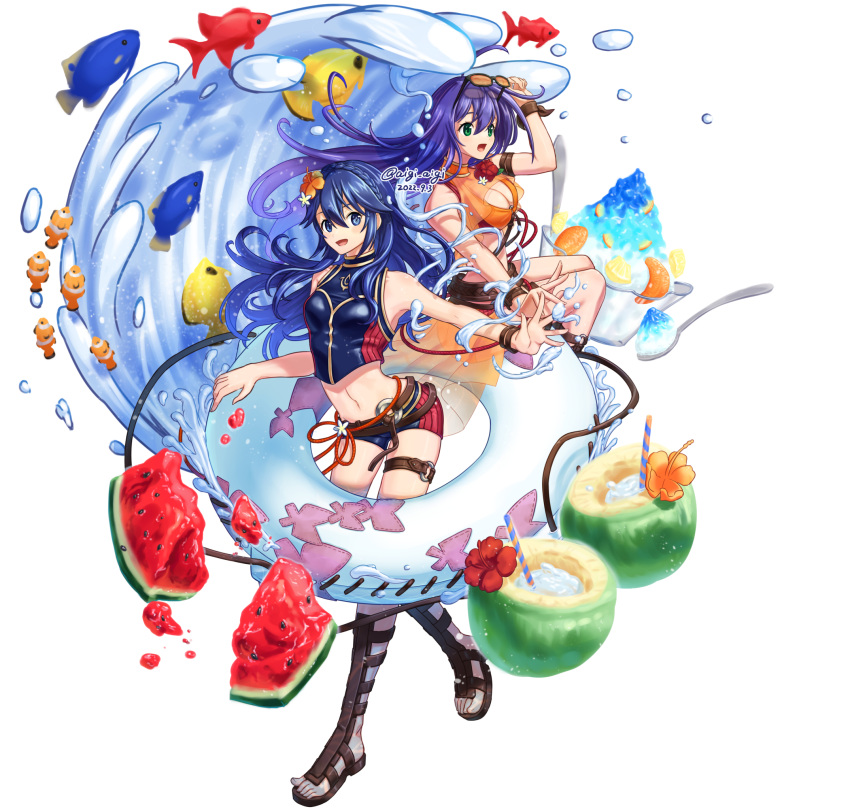 2girls :d :o alternate_costume arm_strap arm_up ass_visible_through_thighs bare_shoulders belt bikini bikini_shorts birthmark blue_bikini blue_eyes blue_hair breasts cleavage coconut dated drinking_straw eyewear_on_head fire_emblem fire_emblem:_radiant_dawn fire_emblem_awakening fire_emblem_cipher fire_emblem_heroes fish flower food fruit fruit_cup full_body gladiator_sandals green_eyes groin hair_flower hair_ornament highres holding holding_innertube innertube leg_up long_hair lucina_(fire_emblem) medium_breasts mia_(fire_emblem) midriff multiple_girls navel official_alternate_costume open_mouth orange-tinted_eyewear orange_bikini orange_flower sandals short_shorts shorts simple_background sleeveless smile sumire_l.a. sunglasses swimsuit thigh_strap tinted_eyewear twitter_username water watermelon watermelon_slice white_background wristband