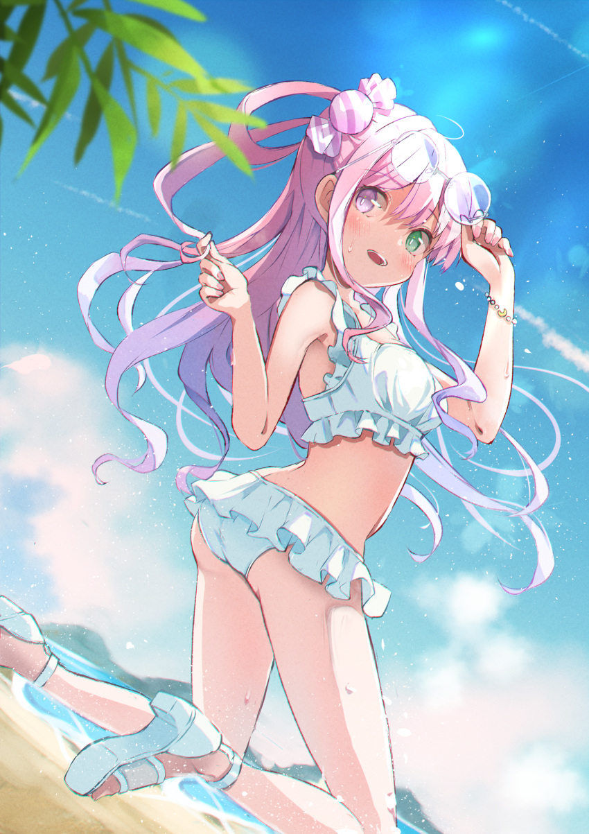 1girl :d absurdres bare_arms bare_legs beach bikini blue_sky blush bracelet breasts day dutch_angle eyewear_on_head floating_hair frilled_bikini frills glasses green_eyes hair_twirling heterochromia highres himemori_luna hololive jewelry kneeling long_hair looking_at_viewer medium_breasts morikome_(moririce) nail_polish open_mouth outdoors pink_eyes pink_hair pink_nails sky smile solo swimsuit twisted_torso very_long_hair virtual_youtuber white_bikini white_footwear