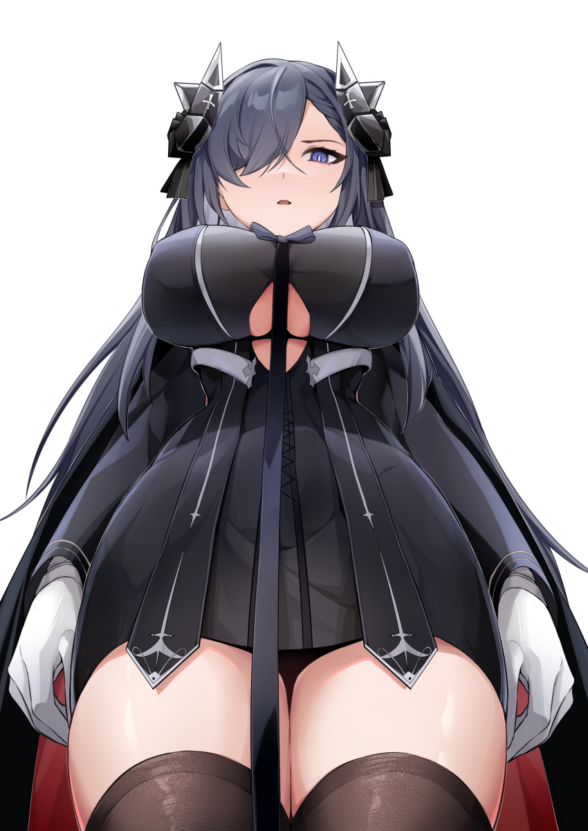 1girl absurdres august_von_parseval_(azur_lane) azur_lane black_dress black_horns breasts brown_thighhighs clothing_cutout curled_horns dress from_below gloves hair_over_one_eye highres horns large_breasts long_hair long_sleeves looking_at_viewer looking_down mechanical_horns microdress purple_eyes purple_hair simple_background solo thighhighs underboob underboob_cutout vikki white_background white_gloves zettai_ryouiki