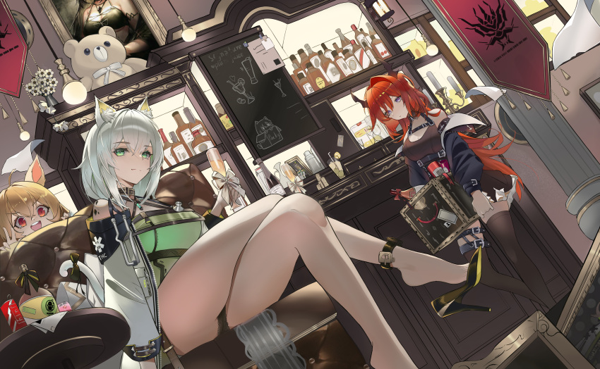 3girls :d absurdres ahoge animal_ears anklet arknights armlet banner bar bare_legs bare_shoulders black_dress black_footwear black_panties black_thighhighs blonde_hair bottle bow box breasts candle cat_ears ceiling_light ceobe_(arknights) champagne_flute clothes_writing couch crossed_legs cup dog_ears dress drink drinking_glass flower green_dress hair_intakes high_heels highres holding holding_box holding_cup horns indoors infection_monitor_(arknights) jewelry kal'tsit_(arknights) large_breasts light_bulb long_hair long_sleeves mona_lisa mudrock_(arknights) mudrock_(obsidian)_(arknights) multiple_girls off_shoulder official_alternate_costume on_couch open_mouth oripathy_lesion_(arknights) painting_(object) panties purple_eyes qiyueban red_eyes red_hair shoe_dangle short_dress sitting smile stethoscope surtr_(arknights) table tassel thighhighs underbust underwear upskirt v-shaped_eyebrows vase very_long_hair white_bow white_flower zettai_ryouiki
