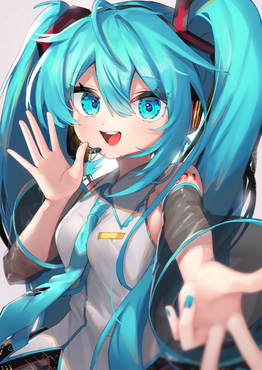 1girl aqua_eyes aqua_hair aqua_nails black_skirt black_sleeves blue_nails blurry blurry_foreground depth_of_field detached_sleeves gunjou_row hair_ornament hatsune_miku headphones headset highres long_hair nail_polish necktie open_mouth outstretched_arm outstretched_hand reaching_out shirt skirt sleeveless solo twintails very_long_hair vocaloid