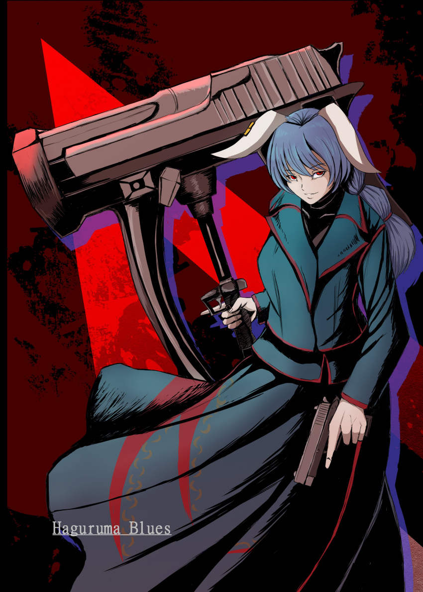 1girl absurdres animal_ears back_cover blue_hair coat cover dual_wielding earclip english_text floppy_ears full_body gun handgun highres holding holding_weapon long_sleeves looking_at_viewer looking_to_the_side mallet oversized_object rabbit_ears red_background red_eyes seiran_(touhou) smile solo splatter splatter_background touhou trench_coat trigger_discipline war_hammer weapon weedhollow_(dokuran)
