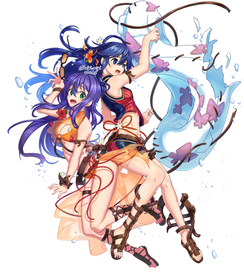 2girls :o alternate_costume arm_strap arm_up ass_visible_through_thighs bare_shoulders belt bikini bikini_shorts birthmark blue_bikini blue_eyes blue_hair breasts cleavage dated eyewear_removed fire_emblem fire_emblem:_radiant_dawn fire_emblem_awakening fire_emblem_cipher fire_emblem_heroes flower full_body gladiator_sandals green_eyes groin hair_flower hair_ornament highres holding holding_eyewear holding_innertube innertube leg_up long_hair lucina_(fire_emblem) medium_breasts mia_(fire_emblem) midriff multiple_girls navel official_alternate_costume open_mouth orange-tinted_eyewear orange_bikini orange_flower sandals short_shorts shorts simple_background sleeveless sumire_l.a. sunglasses surprised swimsuit thigh_strap tinted_eyewear torn_clothes torn_footwear twitter_username white_background wristband