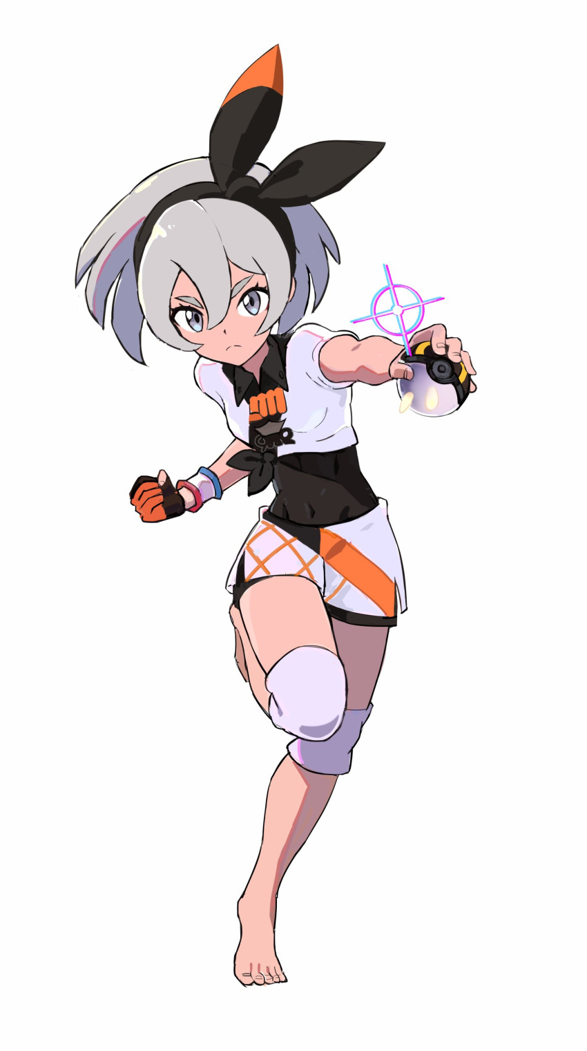 1girl absurdres bangs barefoot bea_(pokemon) black_bodysuit black_hairband bodysuit bodysuit_under_clothes bow_hairband clenched_hand closed_mouth collared_shirt commentary_request dynamax_band frown full_body gloves grey_eyes grey_hair hair_between_eyes hairband highres holding holding_poke_ball knee_pads leg_up looking_at_viewer okken partially_fingerless_gloves poke_ball pokemon pokemon_(game) pokemon_swsh print_shirt print_shorts shirt short_hair short_sleeves shorts side_slit side_slit_shorts single_glove solo toes ultra_ball