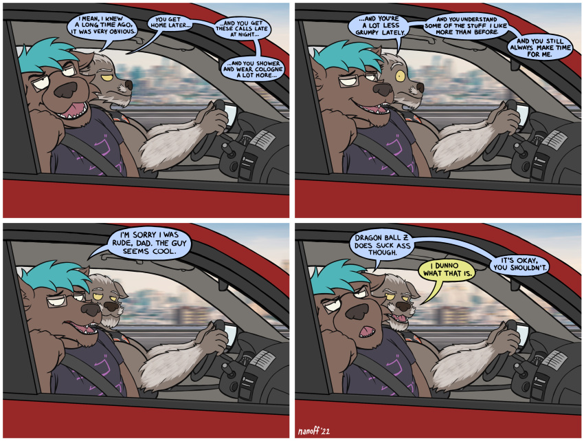 absurd_res anthro boomer_(nanoff) canid canine canis car comic driving hi_res male mammal mature_male musclegut muscular muscular_male nanoff sitting vehicle wolf zoomer_(nanoff)