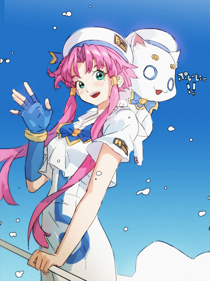 1girl absurdres animal_on_shoulder aria aria_company_uniform aria_pokoteng bangs blue_gloves blue_sky cat cat_on_shoulder cloud cowboy_shot dress fingerless_gloves forehead gloves green_eyes hair_intakes hair_ribbon hair_tubes highres letro mizunashi_akari parted_bangs pink_hair ribbon short_hair_with_long_locks sidelocks single_glove sky solo waving white_dress white_headwear