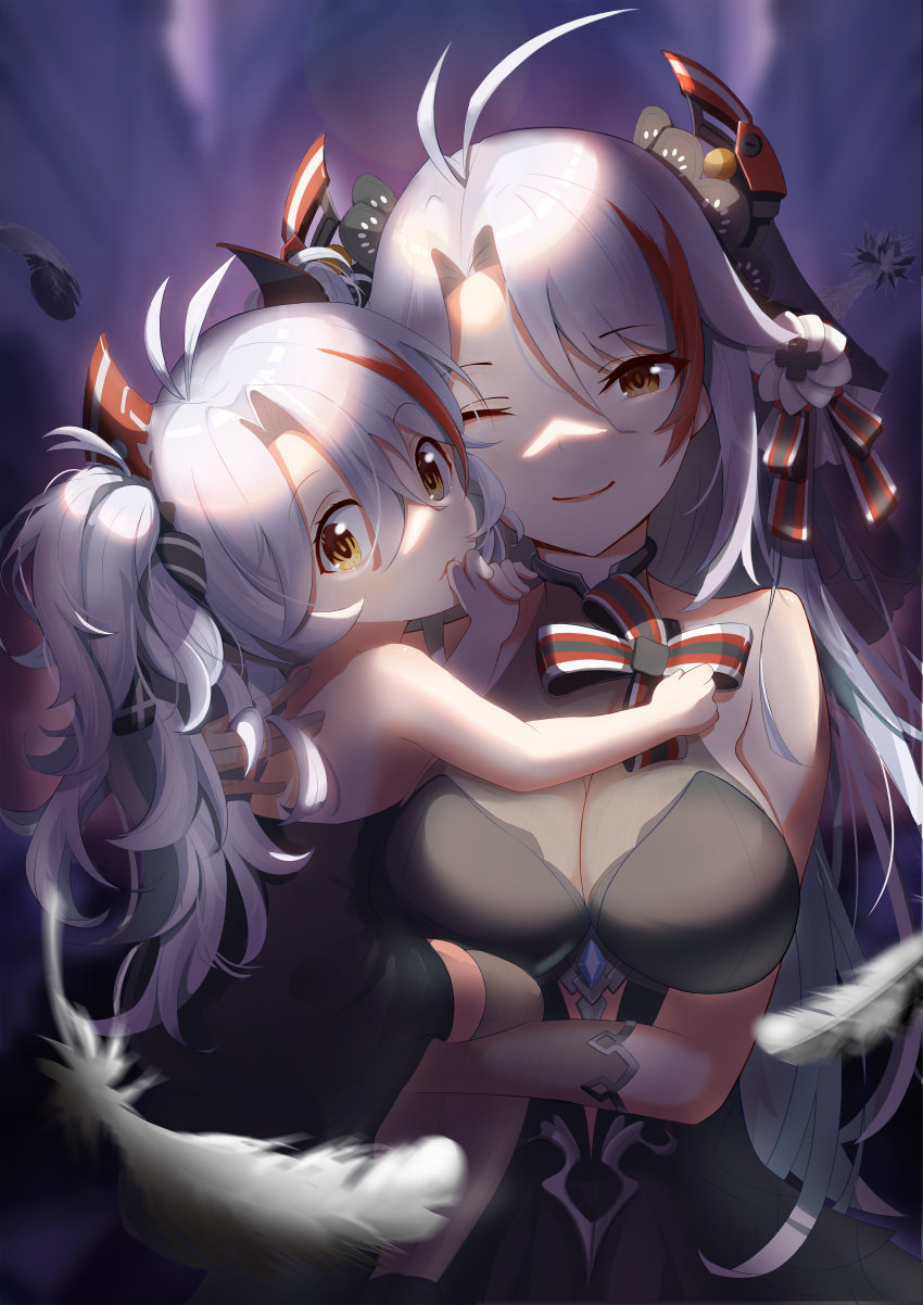 2girls absurdres antenna_hair azur_lane breasts cleavage dress eugen_(fsq3000) feathers hair_between_eyes headgear highres large_breasts little_prinz_eugen_(azur_lane) long_hair looking_at_viewer multicolored_hair multiple_girls official_alternate_costume one_eye_closed prinz_eugen_(azur_lane) prinz_eugen_(cordial_cornflower)_(azur_lane) red_hair see-through see-through_dress streaked_hair twintails two-tone_hair upper_body white_feathers white_hair yellow_eyes