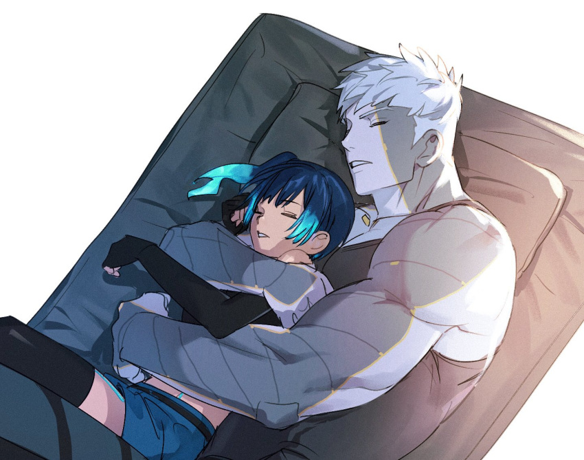 1boy 1girl bed biceps blue_hair closed_mouth couple elbow_gloves fingerless_gloves gloves hug hug_from_behind lanz_(xenoblade) metal_skin parted_lips ren_you_(iiinununu) sena_(xenoblade) short_shorts shorts side_ponytail sleeping spooning tank_top thighhighs white_hair xenoblade_chronicles_(series) xenoblade_chronicles_3