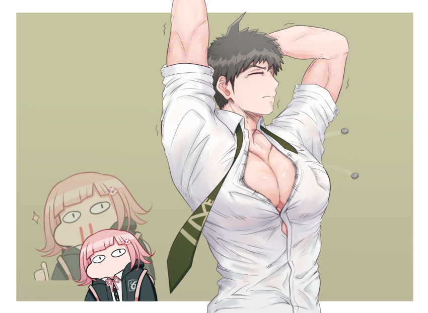 1boy 1girl ahoge alternate_muscle_size arms_up backpack bag bangs black_jacket blood brown_hair buttons closed_eyes collarbone danganronpa_(series) danganronpa_2:_goodbye_despair galaga gon_(congchuabuoito) green_necktie hair_ornament hood hood_down hooded_jacket jacket looking_at_viewer male_focus medium_hair muscular muscular_male nanami_chiaki neck_ribbon necktie nosebleed open_clothes open_jacket pectoral_cleavage pectorals pink_ribbon ribbon shiny shiny_hair short_hair solo_focus thumbs_up undone_necktie upper_body