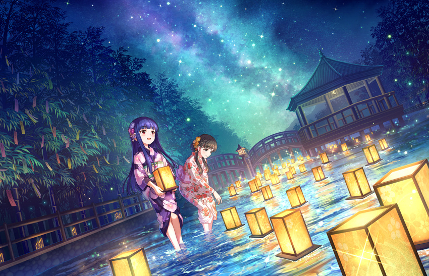 2girls artist_request bamboo bangs black_eyes black_hair blunt_bangs blush braid flower french_braid hair_flower hair_ornament idolmaster idolmaster_cinderella_girls idolmaster_cinderella_girls_starlight_stage japanese_clothes kimono kobayakawa_sae lantern lantern_on_liquid long_hair milky_way multiple_girls night night_sky official_art open_mouth paper_lantern partially_submerged river sajo_yukimi sash sky smile star_(sky) starry_sky tanabata tanzaku tree water yukata