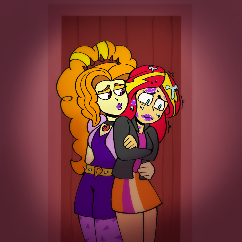 adagio_dazzle_(eg) bodily_fluids duo equestria_girls female female/female hasbro hi_res humanoid kiss_mark kissing lipstick makeup my_little_pony purple_lipstick saliva shippart sunset_shimmer_(eg)