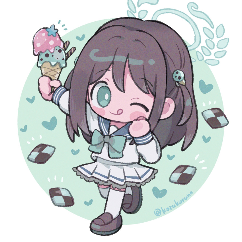 1girl ;q airi_(blue_archive) bangs black_hair blue_archive blue_sailor_collar blush_stickers bow brown_footwear checkerboard_cookie chibi closed_mouth cookie double_scoop food food-themed_hair_ornament full_body green_background green_bow hair_between_eyes hair_ornament halo heart highres holding holding_food ice_cream ice_cream_cone koru_koruno loafers long_hair long_sleeves looking_at_viewer notice_lines one_eye_closed pleated_skirt sailor_collar shirt shoes skirt smile standing standing_on_one_leg thighhighs tongue tongue_out twitter_username two-tone_background white_background white_shirt white_skirt white_thighhighs