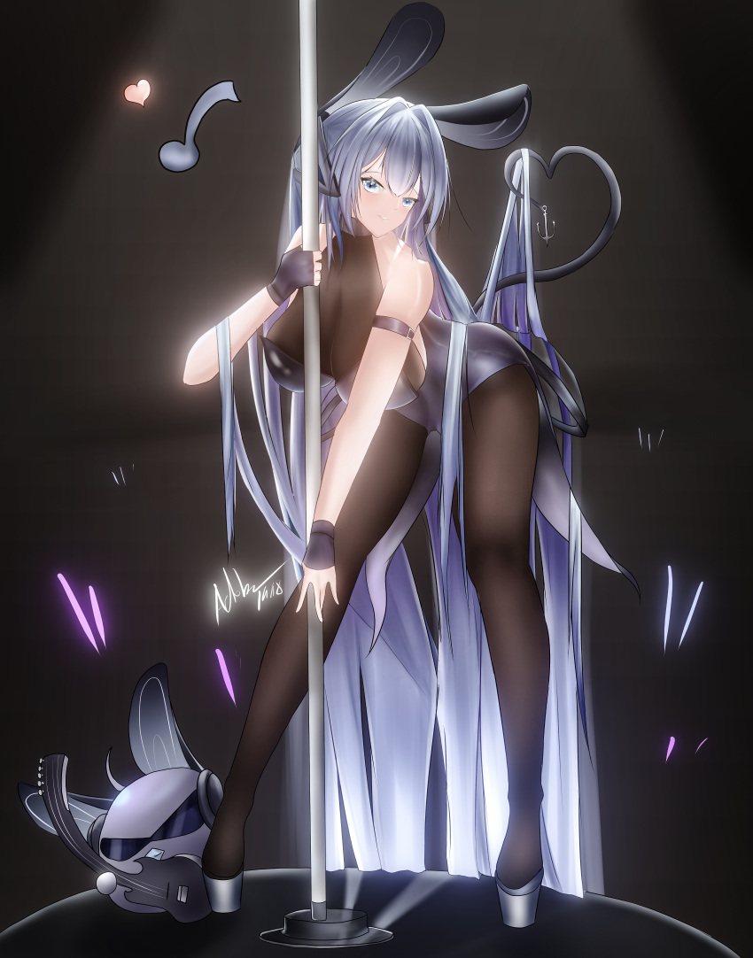 1girl absurdly_long_hair absurdres adobe1998 anchor_ornament animal_ears arm_strap azur_lane bent_over black_background bodystocking breasts electric_guitar fake_animal_ears fake_tail fingerless_gloves gloves guitar hanging_breasts heart heart_tail highres instrument large_breasts leotard long_hair looking_at_viewer new_jersey_(azur_lane) new_jersey_(exhilarating_steps!)_(azur_lane) official_alternate_costume oversized_breast_cup playboy_bunny pole pole_dancing purple_eyes purple_gloves purple_hair purple_leotard rabbit_ears simple_background solo stage_lights strapless strapless_leotard stripper_pole tail very_long_hair
