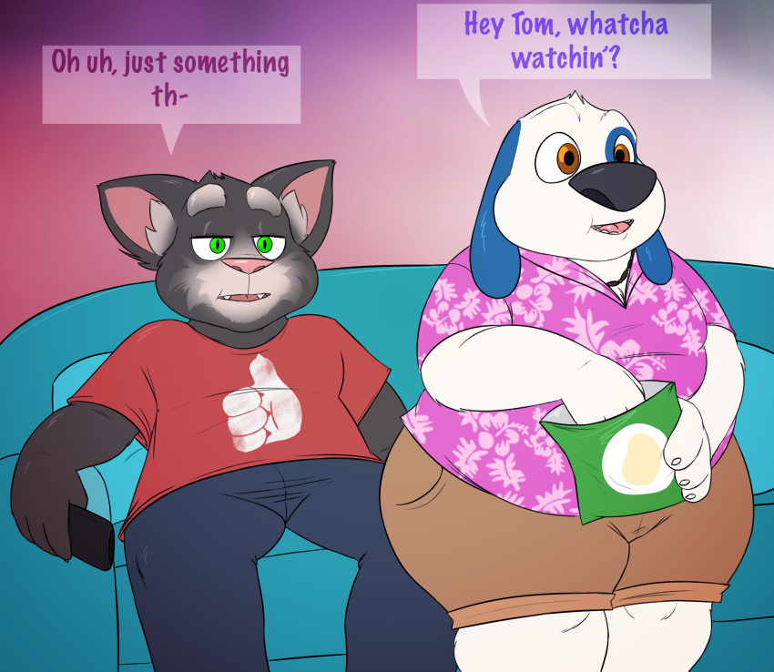 anthro brown_eyes canid canine canis dialogue dialogue_box domestic_cat domestic_dog duo felid feline felis furniture green_eyes hi_res male male/male mammal nood1e on_sofa overweight overweight_male simple_background sitting sitting_on_sofa sofa talking_hank talking_tom thick_thighs watching_tv