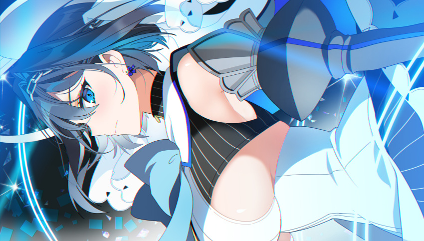1girl black_hair blue_eyes bow bow_earrings breasts chain detached_sleeves earrings hair_intakes hololive hololive_english jewelry kurot large_breasts mechanical_halo ouro_kronii profile sideboob veil virtual_youtuber