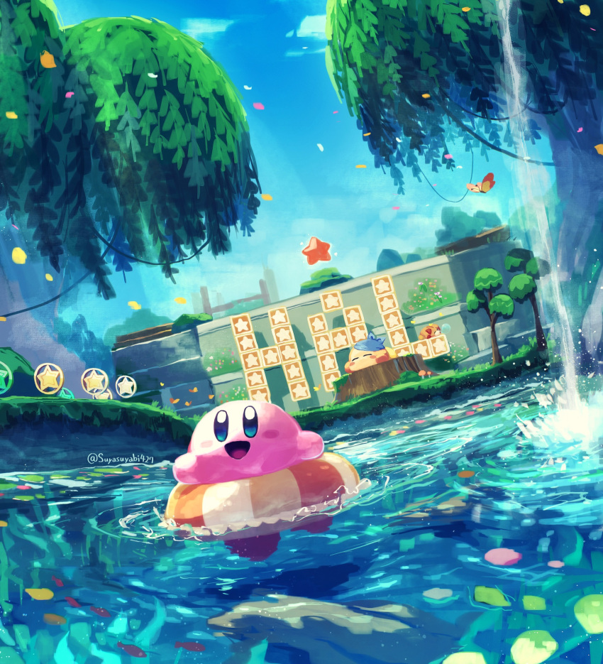 awoofy bandana bandana_waddle_dee block blue_sky blush_stickers bug butterfly closed_eyes cloud colored_skin day falling_leaves grass highres kirby kirby_(series) kirby_and_the_forgotten_land leaf lifebuoy mushroom nature no_humans open_mouth petals petals_on_liquid pink_skin scenery sky sleeping smile suyasuyabi tree_stump twitter_username warp_star water waterfall