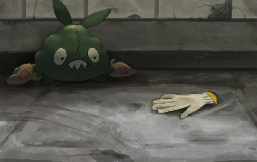 black_eyes commentary_request cracked_wall gloves gloves_removed highres looking_at_object no_humans pokemon pokemon_(creature) rend sharp_teeth single_glove solo teeth trubbish white_gloves