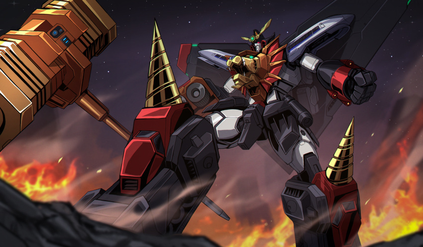 3ok clenched_hand drill fire gaogaigar goldion_hammer hammer highres holding holding_hammer looking_ahead mecha no_humans red_eyes robot science_fiction super_robot v-fin yuusha_ou_gaogaigar yuusha_series