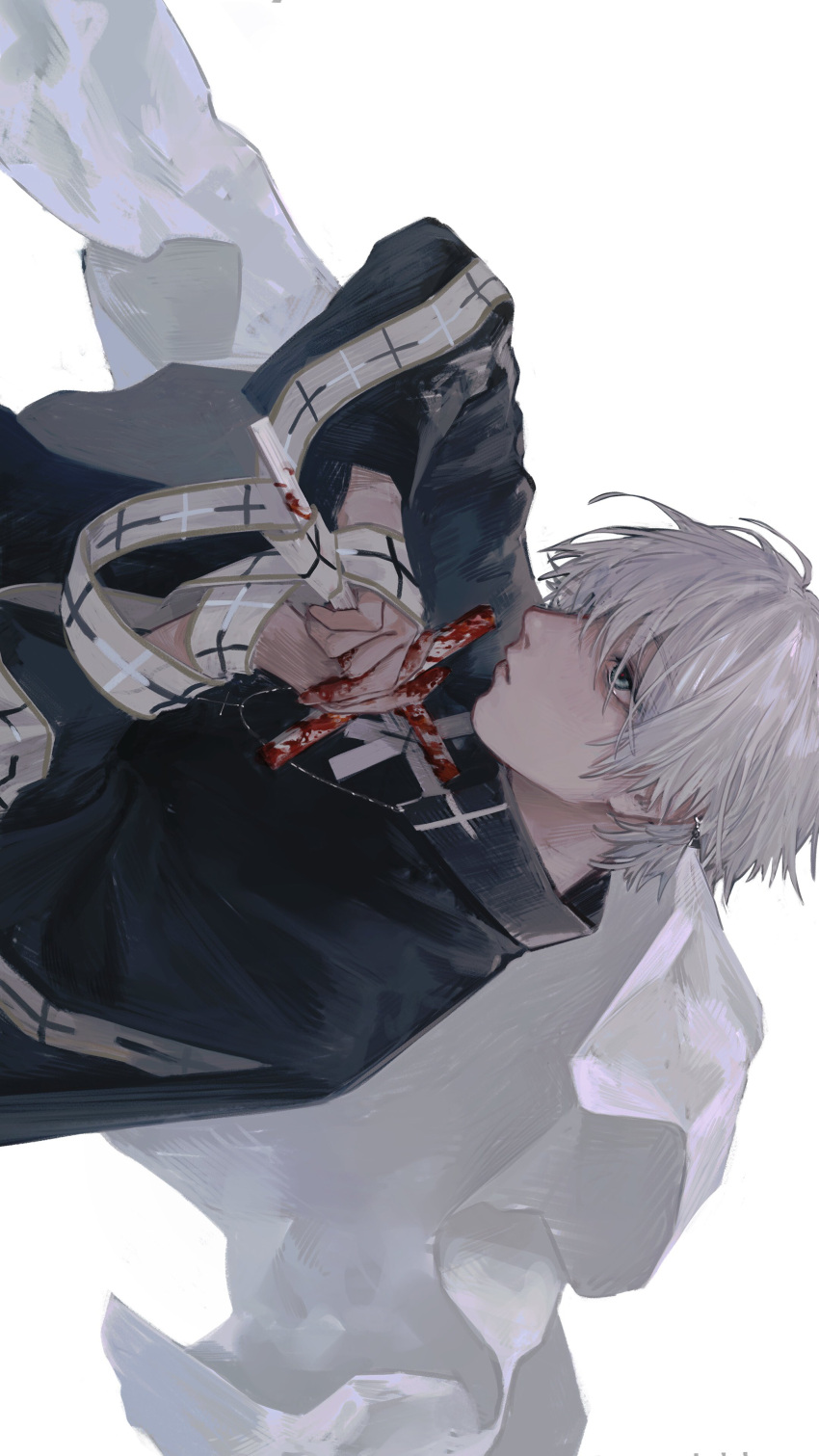 1boy absurdres aqua_eyes bad_id bad_twitter_id blood blood_on_hands closed_mouth cross cross_necklace cross_print earrings grey_hair highres holding holding_cross jewelry male_focus necklace original painterly red_pupils rit3set simple_background single_earring solo white_background