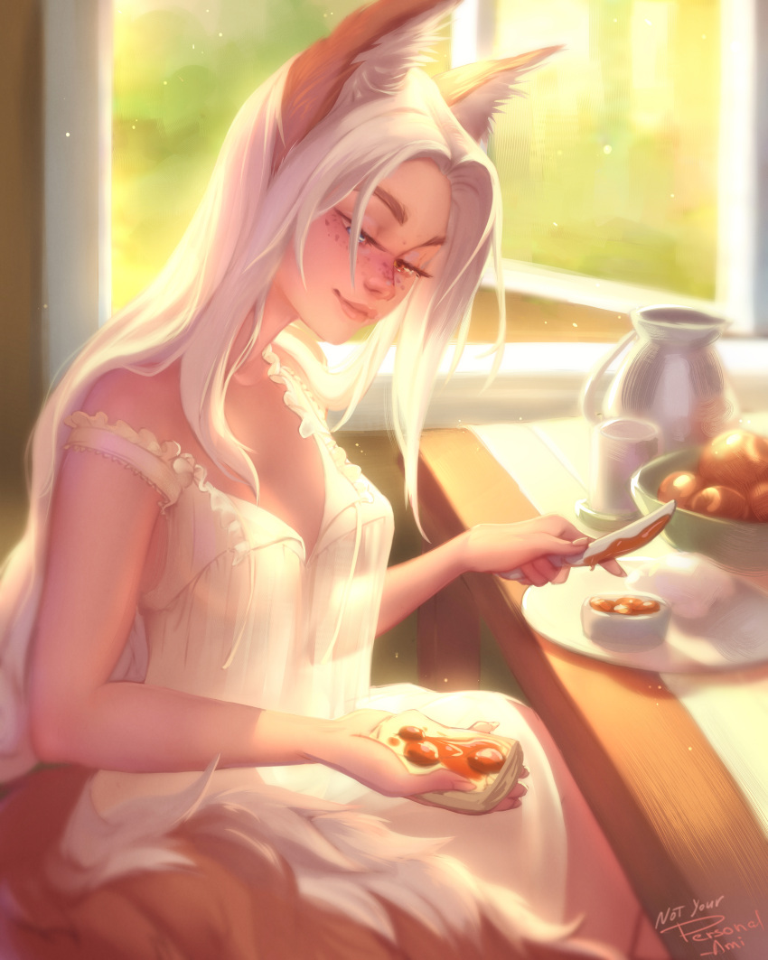 1girl absurdres animal_ears breakfast breasts closed_mouth dress fox_ears fox_tail from_side heterochromia highres indoors jam long_hair losse_(personal_ami) original personal_ami signature sitting small_breasts smile solo table tail white_dress white_hair window