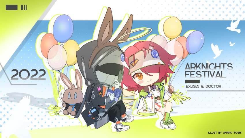 1girl 1other 2022 animal animal_ears arknights balloon bird black_jacket black_pants blush_stickers brown_gloves brown_hairband brown_wings chibi closed_mouth commentary_request crossed_legs detached_wings doctor_(arknights) exusiai_(arknights) fake_animal_ears fingerless_gloves gloves green_socks hair_over_one_eye hairband highres holding holding_balloon jacket long_sleeves open_clothes open_jacket orange_eyes orange_socks pants puffy_long_sleeves puffy_sleeves rabbit_ears red_hair shirt shoes sitting skirt sleeves_past_wrists smile socks stuffed_animal stuffed_bunny stuffed_toy tianye_toshi visor_cap white_footwear white_gloves white_headwear white_shirt white_skirt wings