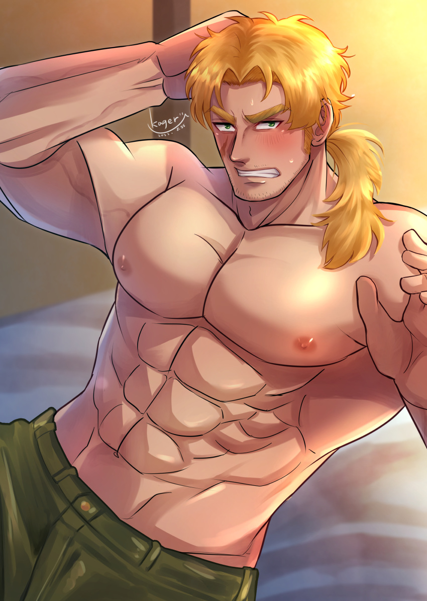 1boy abs absurdres arm_behind_head bangs bed blonde_hair blush clenched_teeth commentary_request commission cowboy_shot cropped dated green_eyes green_pants hand_up highres kageru_(mofnyan) looking_at_viewer male_focus mature_male muscular muscular_male nervous nipples on_bed original pants parted_bangs scar scar_on_cheek scar_on_face sideburns signature sitting skeb_commission solo teeth topless_male