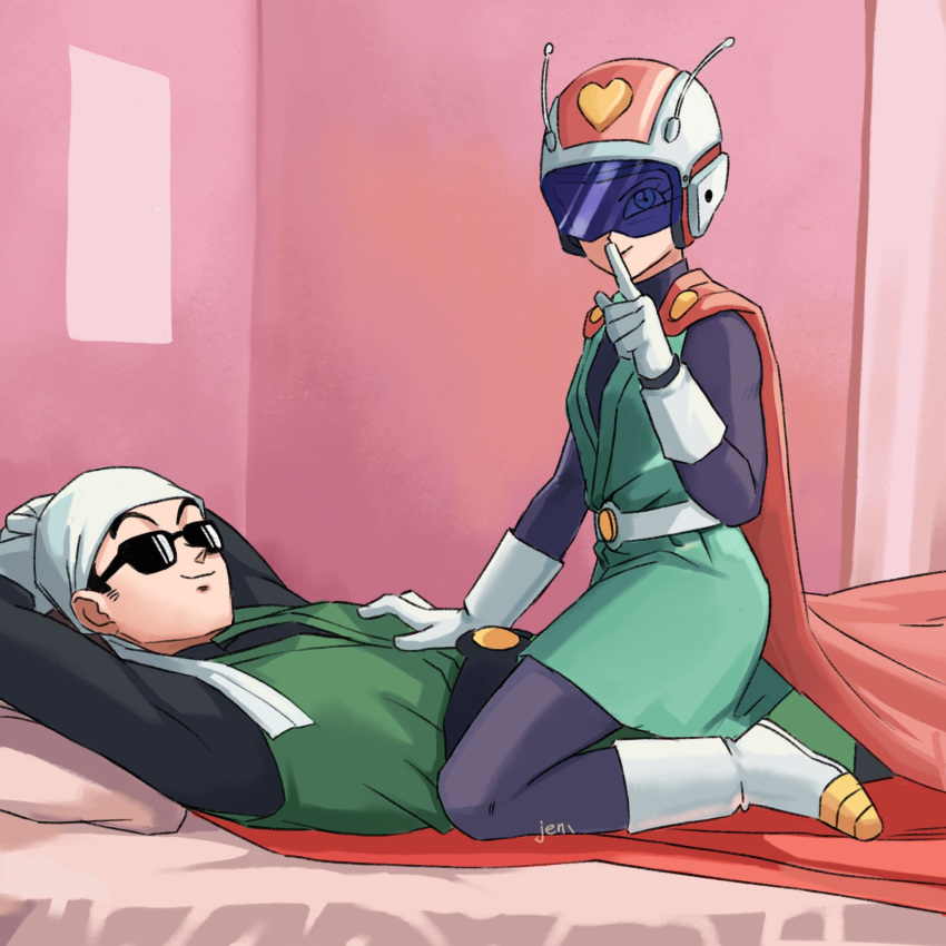 1boy 1girl arms_behind_head belt blue_eyes boots cape closed_mouth dragon_ball dragon_ball_z finger_to_mouth girl_on_top gloves great_saiyaman great_saiyaman_2 helmet hetero highres index_finger_raised jenxd_d looking_at_viewer lying on_back pillow pink_cape red_cape shushing smile son_gohan sunglasses superhero turban videl white_footwear white_gloves