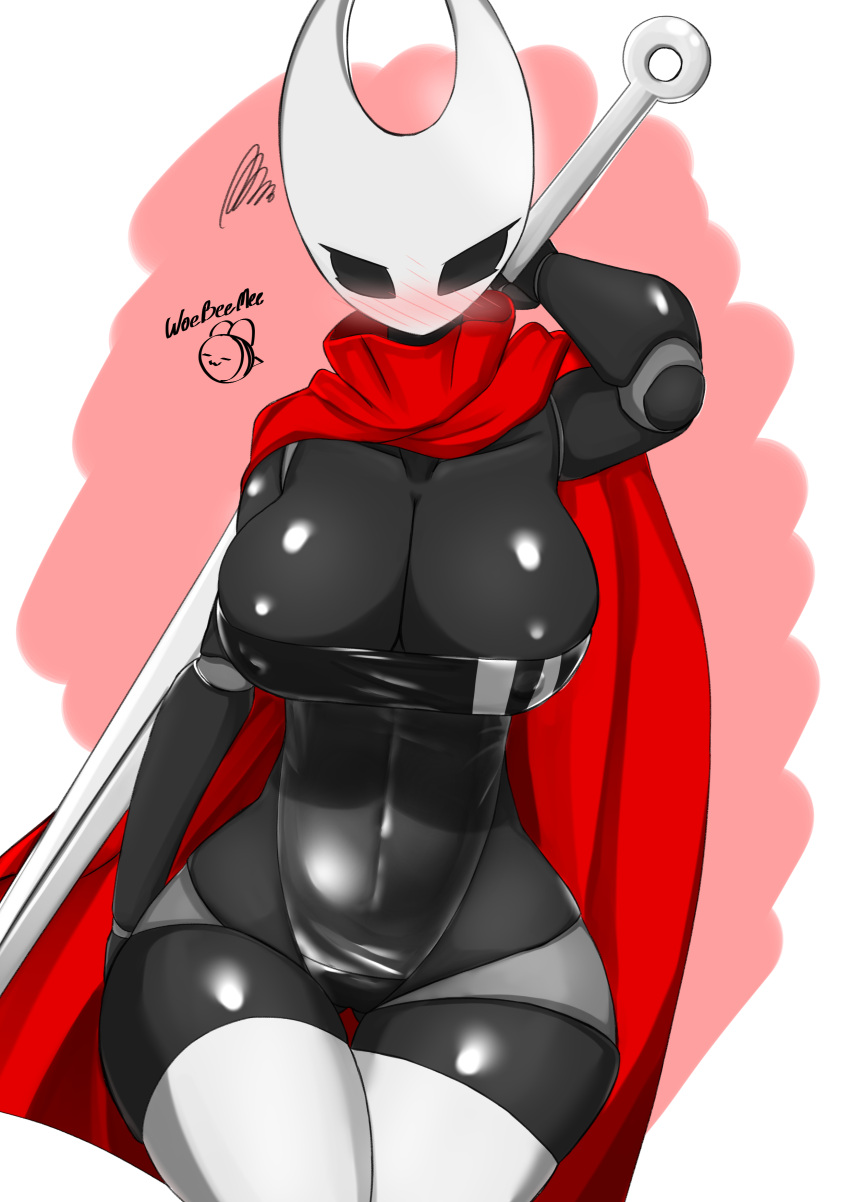 absurd_res annoyed anthro arthropod big_breasts biped black_body blush breasts cloak clothed clothing female gris_swimsuit hi_res holding_object holding_weapon hollow_knight hornet_(hollow_knight) insect legwear melee_weapon meme meme_clothing navel nipple_outline one-piece_swimsuit simple_background solo swimwear team_cherry text thigh_highs translucent translucent_clothing translucent_swimwear vessel_(species) video_games watermark weapon wide_hips woebeeme