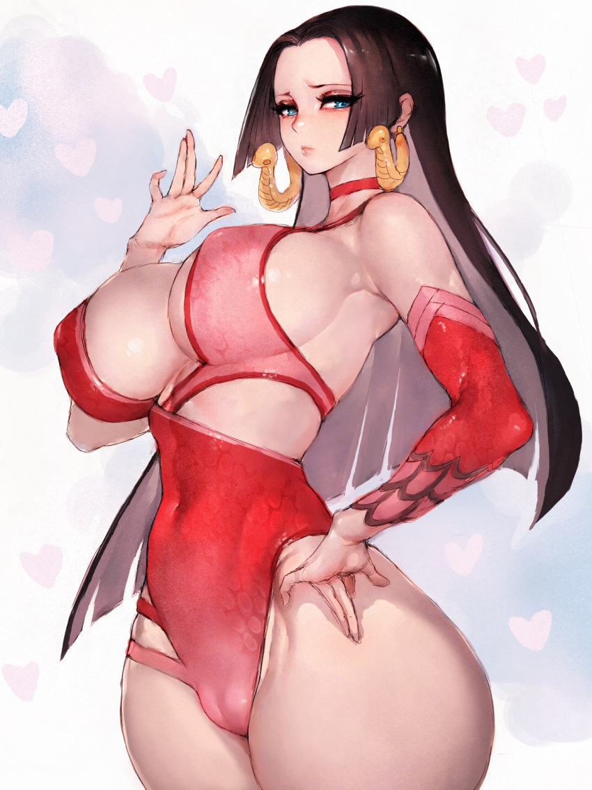 1girl adapted_costume black_hair blue_eyes boa_hancock breasts breasts_apart cowboy_shot earrings fumio_(rsqkr) hand_gesture hand_on_hip hand_up heart highres impossible_clothes jewelry large_breasts long_hair long_sleeves looking_at_viewer narrow_waist navel one_piece red_sleeves revealing_clothes simple_background single_sleeve snake_earrings solo thick_thighs thighs white_background