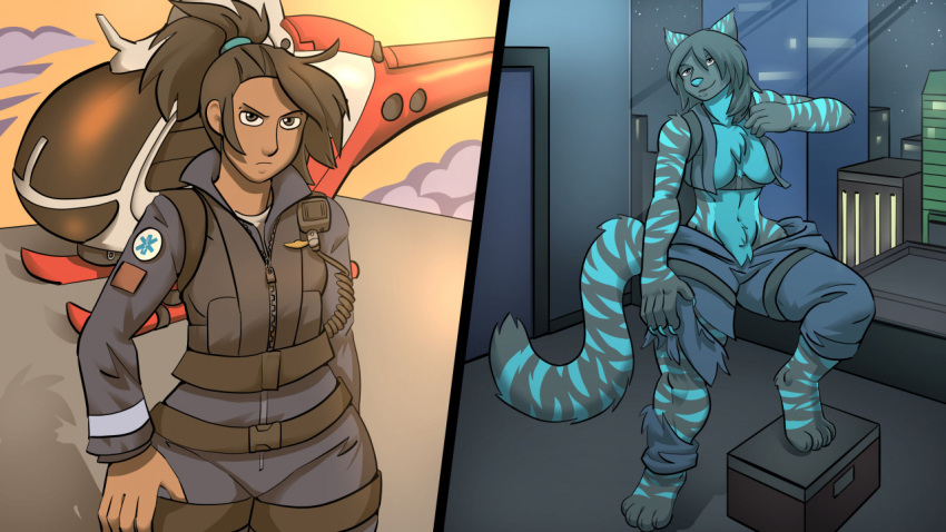 anthro blue_body blue_fur breasts clothing destroyed_clothing felid feline female fur grey_eyes human kess_windpaw looking_at_viewer mammal muscular pantherine paramedic phrannd presenting smile solo tiger torn_clothing transformation