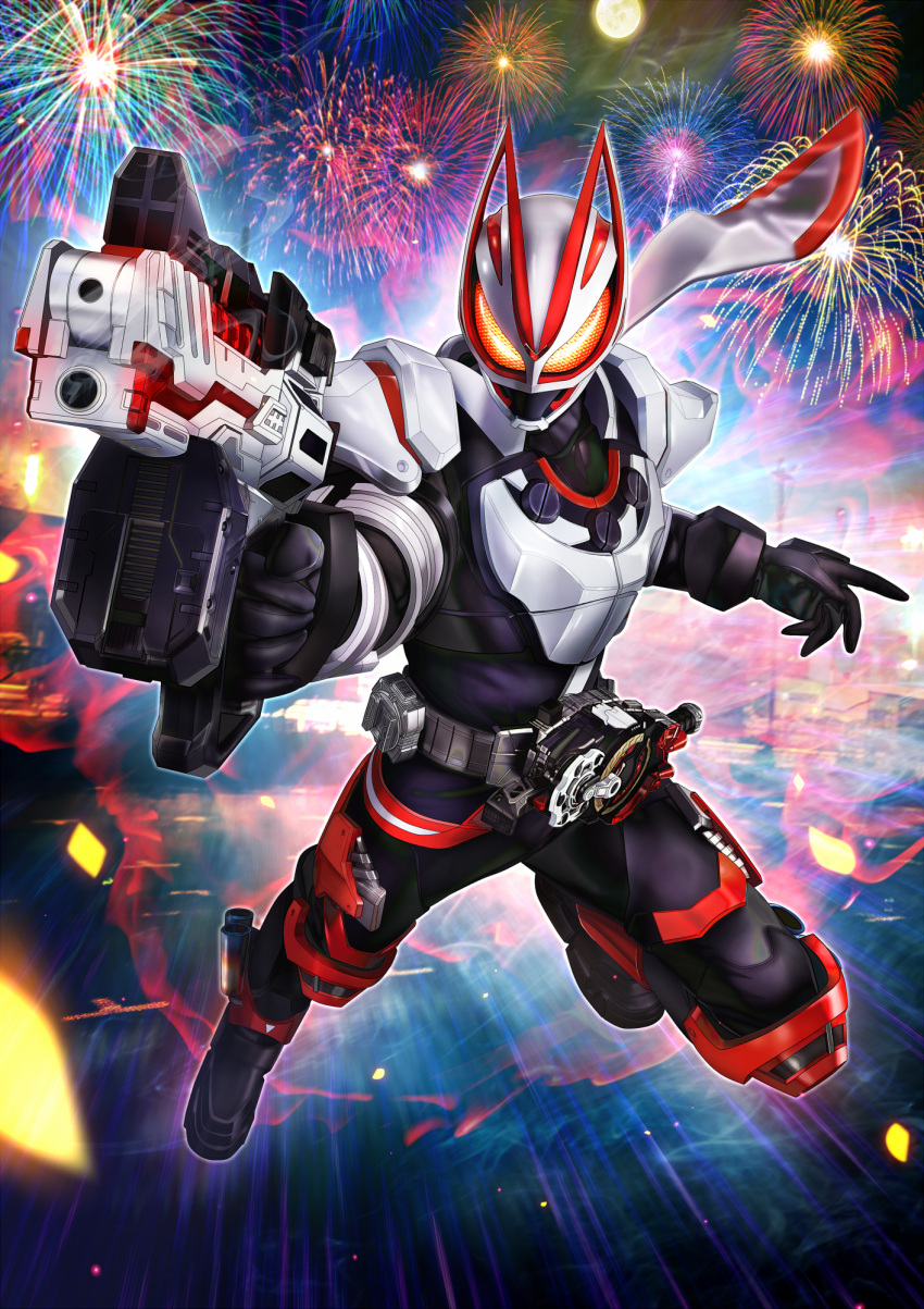 1boy animal_ears armor armored_boots black_bodysuit black_footwear black_gloves bodysuit boost_buckle boots breastplate bridge cityscape commentary_request compound_eyes desire_driver driver_(kamen_rider) exhaust exhaust_pipe fire fireworks fox fox_ears fox_mask full_body gloves ground_vehicle gun handgun highres holding holding_weapon kamen_rider kamen_rider_geats kamen_rider_geats_(series) kitsune leg_up magnum_boost magnum_buckle magnum_shooter_40x male_focus mask masukudo_(hamamoto_hikaru) mechanical_legs motor_vehicle motorcycle orange_armor orange_eyes pose raise_buckle red_scarf redesign rider_belt rifle scarf shoulder_armor smoke smoking_gun solo tokusatsu weapon white_armor white_scarf yellow_eyes