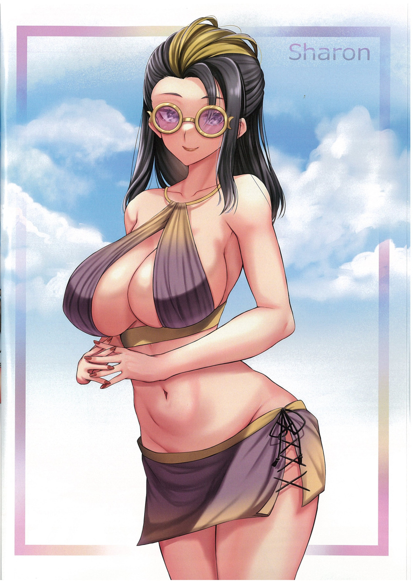 1girl absurdres anthe_(pokemon) bangs bare_arms bare_shoulders bikini_skirt black_hair blonde_hair breasts cleavage closed_mouth fingernails glasses halterneck highres interlocked_fingers large_breasts lips long_hair looking_at_viewer medium_breasts multicolored_hair navel pokemon pokemon_(game) pokemon_legends:_arceus scan simple_background skirt smile solo stomach swimsuit takecha thighs two-tone_hair