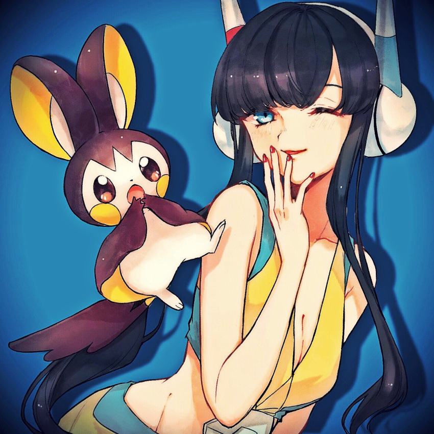 1girl bangs black_hair blue_background blue_eyes blunt_bangs blush breasts buckle cleavage closed_mouth commentary_request elesa_(pokemon) emolga hand_up headphones highres lipstick long_hair looking_at_viewer makeup mozu_(teluto) nail_polish one_eye_closed pokemon pokemon_(creature) pokemon_(game) pokemon_bw2 red_lips red_nails smile