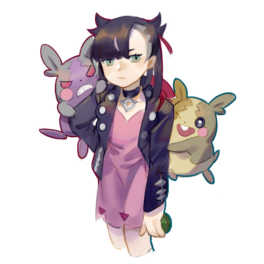 1girl absurdres backpack bag bangs black_choker black_hair black_jacket blush choker closed_mouth commentary dress dusk_ball eyelashes green_eyes hair_ribbon highres holding holding_poke_ball jacket marnie_(pokemon) medium_hair morpeko morpeko_(full) morpeko_(hangry) open_clothes open_jacket pink_dress poke_ball pokemon pokemon_(creature) pokemon_(game) pokemon_swsh qingpu_liang red_bag red_ribbon ribbon white_background