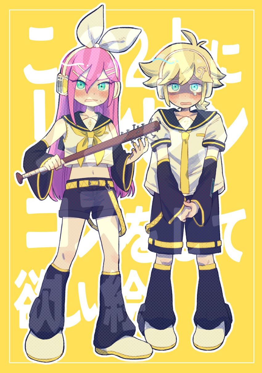 1boy 1girl aubrey_(omori) baseball_bat basil_(omori) black_shorts blonde_hair blue_eyes blush collarbone cosplay crop_top detached_sleeves green_eyes hair_ornament hairclip headphones highres holding holding_baseball_bat kagamine_len kagamine_len_(cosplay) kagamine_rin kagamine_rin_(cosplay) long_hair long_sleeves looking_at_viewer nail nail_bat nannan_tai navel neckerchief necktie omori parted_lips pink_hair short_hair short_sleeves shorts translation_request vocaloid white_footwear yellow_background yellow_neckerchief yellow_necktie