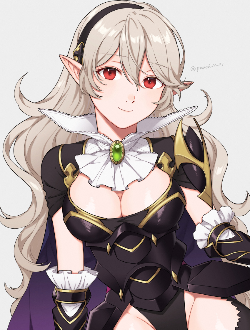 1girl armored_leotard black_hairband black_leotard black_thighhighs breasts brooch cleavage closed_mouth commentary corrin_(fire_emblem) corrin_(fire_emblem)_(female) cowboy_shot detached_sleeves fire_emblem fire_emblem_fates fire_emblem_heroes frilled_sleeves frills gem green_gemstone grey_background grey_hair groin hair_between_eyes hairband highleg highleg_leotard highres jewelry leotard long_hair looking_at_viewer medium_breasts official_alternate_costume peach11_01 pointy_ears red_eyes simple_background smile solo thighhighs thighs twitter_username