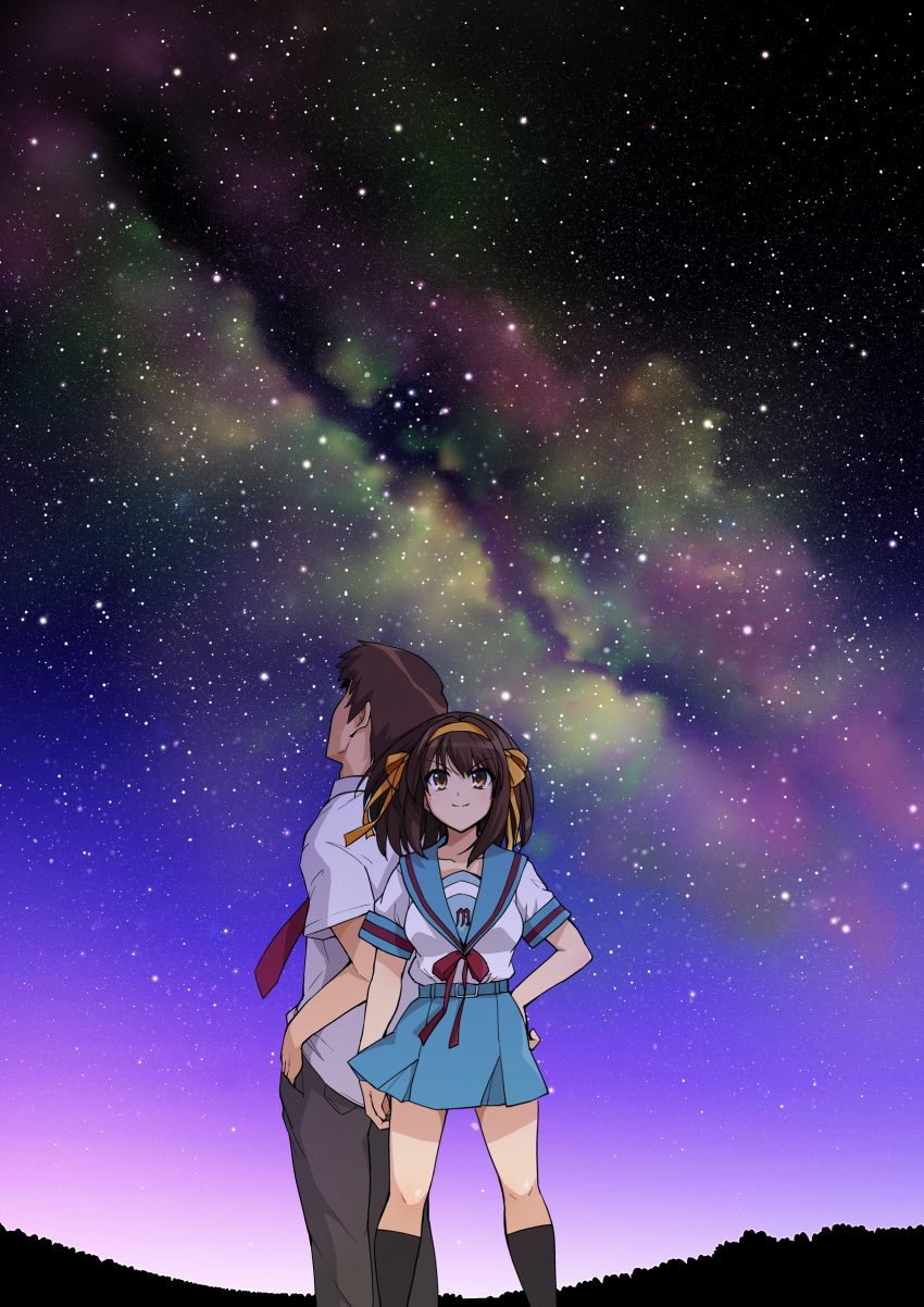 1boy 1girl absurdres blue_sailor_collar blue_skirt bow bowtie brown_eyes brown_hair brown_pants commentary facing_away hair_ornament hair_ribbon hairband hand_in_pocket hand_on_hip haruhisky highres kita_high_school_uniform kyon looking_up neck_ribbon necktie night outdoors pants red_necktie red_ribbon ribbon sailor_collar school_uniform shirt short_hair short_sleeves skirt sky smile standing star_(sky) suzumiya_haruhi suzumiya_haruhi_no_yuuutsu thighhighs