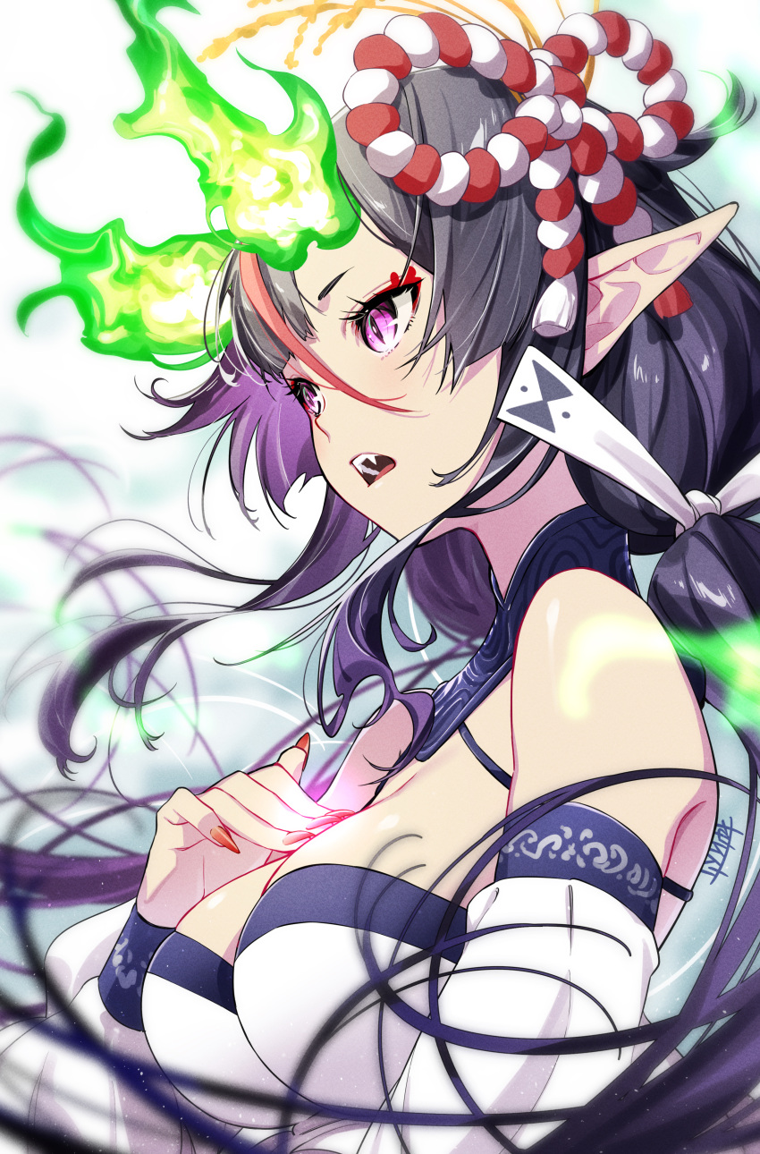 1girl absurdres bare_shoulders black_hair breasts clothing_request fangs fangs_out fiery_horns fire from_side gradient_hair green_fire hair_between_eyes hand_on_own_chest highres horns long_hair low_ponytail medium_breasts multicolored_hair omagacchu open_mouth original pointy_ears purple_eyes purple_hair red_hair red_nails signature slit_pupils solo streaked_hair very_long_hair