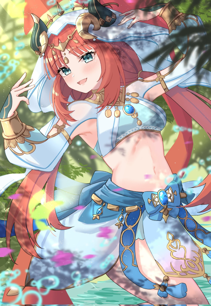 1girl :d \||/ aqua_eyes arabian_clothes arm_up armpit_crease bangs blue_sash blush bracelet breasts brooch commentary_request crop_top curled_horns dancing eyelashes forehead_jewel gem genshin_impact gold_trim harem_outfit highres horns jewelry kuwahara_taiki long_hair long_sleeves medium_breasts midriff narrow_waist navel necklace nilou_(genshin_impact) open_mouth pelvic_curtain puffy_long_sleeves puffy_sleeves red_hair revealing_clothes sash skirt smile solo stomach teeth upper_body veil