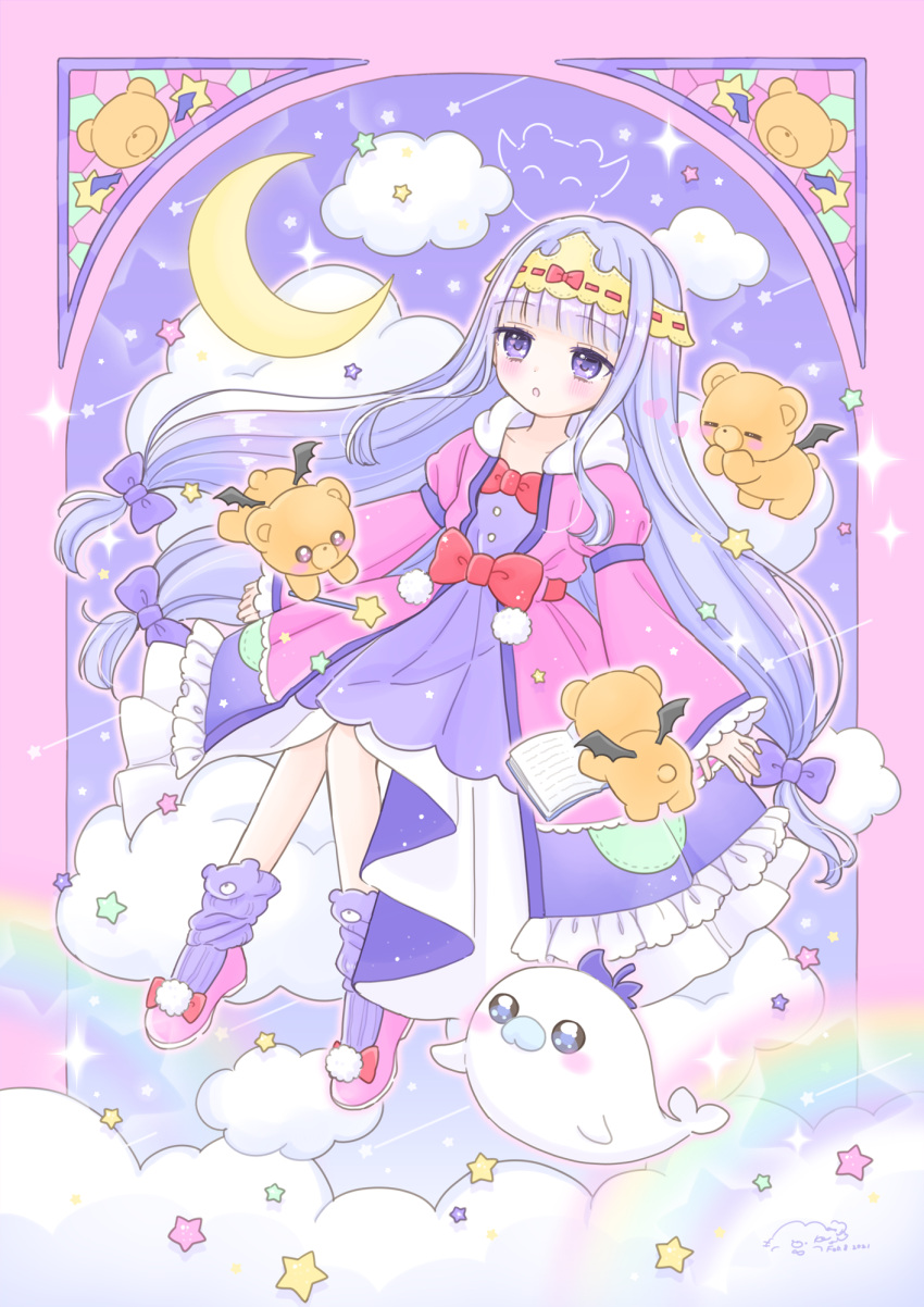 1girl aurora_sya_lis_kaymin bangs blunt_bangs book bow cloud crescent_moon dated dress eggplant_seal full_body hair_bow highres long_hair long_sleeves looking_at_viewer loose_socks low-tied_long_hair manamoko maou-jou_de_oyasumi moon open_book pink_dress pink_footwear purple_bow purple_eyes purple_hair purple_sky shooting_star teddy_demon very_long_hair