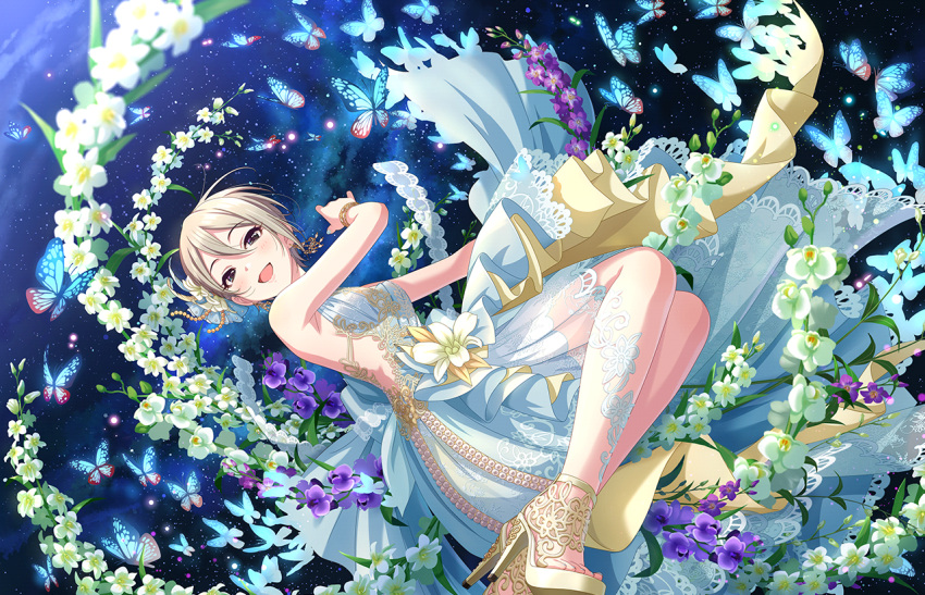 1girl artist_request bangs bare_shoulders black_eyes blush bracelet bug butterfly dress earrings flower grey_hair hair_between_eyes high_heels idolmaster idolmaster_cinderella_girls idolmaster_cinderella_girls_starlight_stage jewelry looking_at_viewer nail_polish night night_sky official_art open_mouth outdoors parted_bangs shiomi_syuko short_hair sky sleeveless sleeveless_dress solo star_(symbol) white_dress