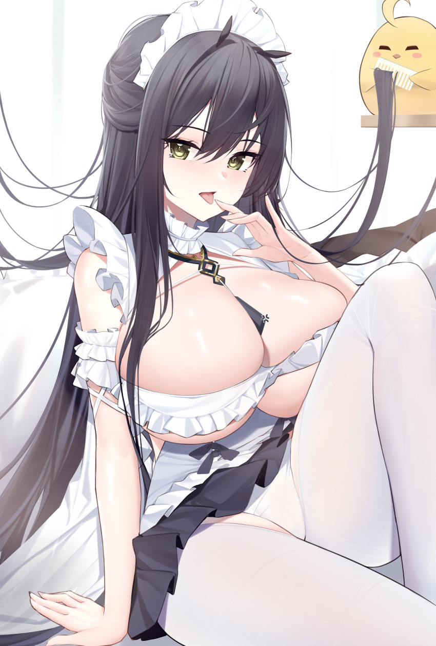 1girl absurdres azur_lane between_breasts black_hair black_skirt breasts brushing_another's_hair brushing_hair choker comb crotch_cutout crotchless crotchless_pantyhose frilled_choker frills green_eyes highres holding holding_comb huge_breasts indomitable_(azur_lane) indomitable_(ms._motivationless_maid)_(azur_lane) long_hair looking_at_viewer maid maid_headdress manjuu_(azur_lane) miniskirt official_alternate_costume panties pantyhose pleated_skirt samart_normal simple_background skindentation skirt solo tongue tongue_out underwear very_long_hair white_background white_panties white_pantyhose
