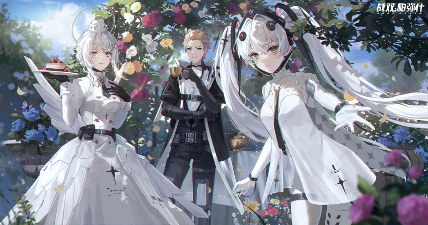 1boy 2girls artist_request black_gloves blonde_hair blue_sky cake chrome_(punishing:_gray_raven) cloud cuffs cup dress falling_leaves flower food gloves halo highres holding holding_cup holding_plate leaf liv_(punishing:_gray_raven) long_hair luna_(punishing:_gray_raven) mechanical_parts multiple_girls official_art outstretched_hand parted_lips plate punishing:_gray_raven sky smile sun table teapot twintails white_dress white_hair