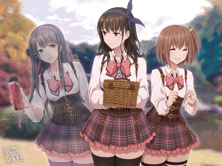 3girls absurdres amamiya_sophia_seren artist_name assault_lily bangs basket belt belt_buckle black_hair black_thighhighs blue_bow blue_hairband blurry blurry_background bottle bow bowtie breasts brown_belt brown_hair buckle closed_eyes closed_mouth collared_shirt commentary_request corset cross cross_necklace crossed_bangs dated_commentary day fading green_bow hair_between_eyes hair_bow hair_ribbon hairband hand_up hands_up heart heart_necklace highres holding holding_basket holding_bottle jewelry kishimoto_maria_mirai kuroki_francisca_yuria long_hair looking_at_another looking_to_the_side ludvico_private_girls'_academy_school_uniform mabuta_kayumi medium_breasts medium_hair miniskirt mole mole_under_eye multiple_belts multiple_girls necklace one_side_up outdoors pendant picnic_basket pink_bow pink_bowtie pink_skirt plaid plaid_skirt purple_eyes purple_hairband purple_ribbon purple_thighhighs red_eyes ribbon school_uniform shirt side-by-side sidelocks skirt standing striped striped_thighhighs suspenders thighhighs tree underbust white_shirt zettai_ryouiki