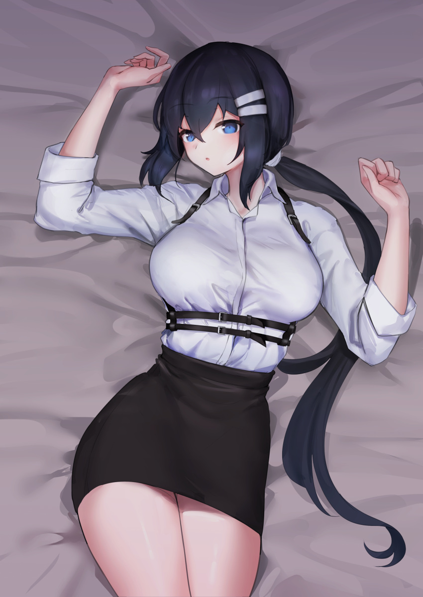 1girl :o absurdres arm_up bangs bed_sheet black_hair black_skirt blue_eyes breasts collared_shirt dress_shirt hair_between_eyes hair_ornament hairclip hand_up highres long_hair long_sleeves looking_at_viewer low_ponytail medium_breasts miramu_(ramu450471) original parted_lips pencil_skirt ponytail shirt skirt solo very_long_hair white_shirt