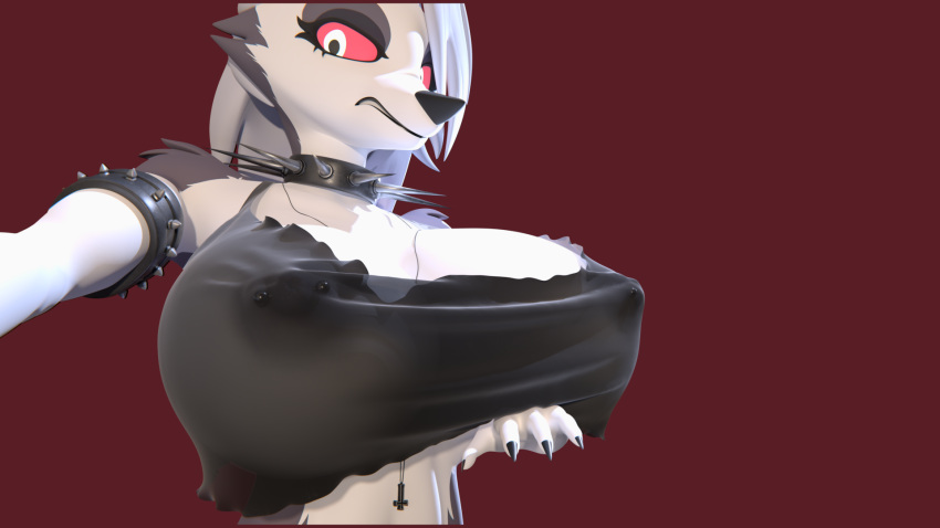 16:9 3d_(artwork) anthro areola_outline armband barbell_piercing big_breasts big_nipples breasts canid canid_demon clothing collar demon digital_media_(artwork) erect_nipples_under_clothes female frown fur goth hellhound helluva_boss hi_res holding_breast huge_breasts jewelry loona_(helluva_boss) mammal nails necklace nipple_piercing nipples piercing red_eyes scowl severalbaps sharp_nails snarling solo spiked_collar spikes translucent translucent_clothing translucent_topwear white_body white_fur widescreen