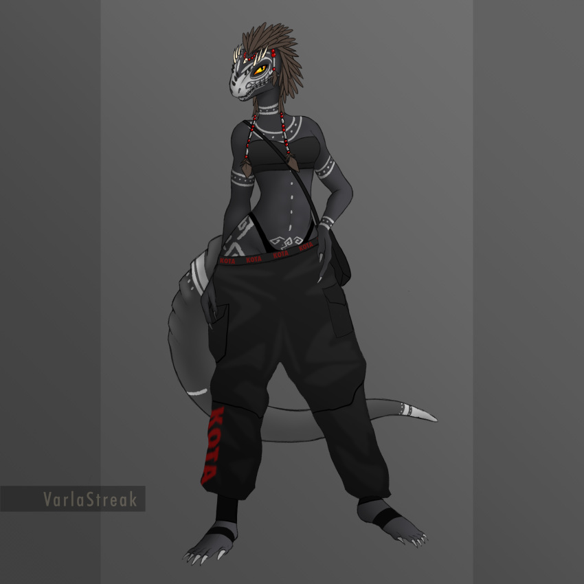 accessory anthro argonian baggy_pants beads bethesda_softworks black_clothing bodypaint bottomwear bra claws clothing dark_body face_paint feathers feet female footwear hand_on_hip head_feathers hi_res horn looking_at_viewer markings orange_eyes painted_claws pants red_text satchel scalie simple_background situth solo standing tail_markings text the_elder_scrolls thong topwear tube_top underwear varlastreak video_games womb_tattoo