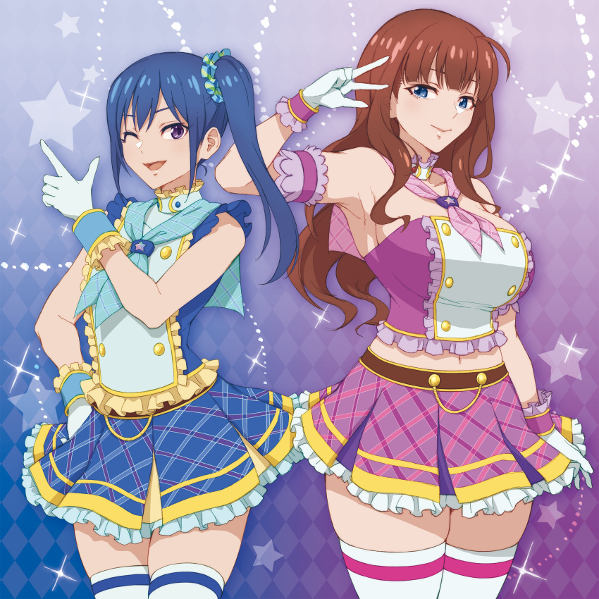 ;d absurdres aikatsu!_(series) argyle argyle_background arm_at_side arm_garter arm_up armpits assault_lily bangs bare_arms bare_shoulders blue_background blue_eyes blue_hair blue_neckerchief blue_shirt blue_skirt breasts brown_hair closed_mouth colored_skin commentary_request commission cosplay cowboy_shot crop_top dated_commentary detached_collar finger_gun frilled_shirt frilled_shirt_collar frilled_skirt frills gloves gradient gradient_background hair_between_eyes hand_on_hip high_ponytail highres idol ishikawa_aoi kaede_johan_nouvel kiriya_aoi kiriya_aoi_(cosplay) large_breasts long_hair looking_at_viewer mabuta_kayumi midriff multicolored_shirt multicolored_skin namesake navel neckerchief one_eye_closed open_mouth pink_background pink_shirt pink_skirt plaid plaid_skirt purple_eyes purple_neckerchief shibuki_ran shibuki_ran_(cosplay) shirt side_ponytail sidelocks skeb_commission skirt sleeveless sleeveless_shirt smile sparkle standing starry_background strapless strapless_shirt teeth thighhighs two-tone_shirt upper_teeth v wavy_hair white_gloves white_thighhighs wrist_cuffs yellow_shirt yellow_skirt zettai_ryouiki